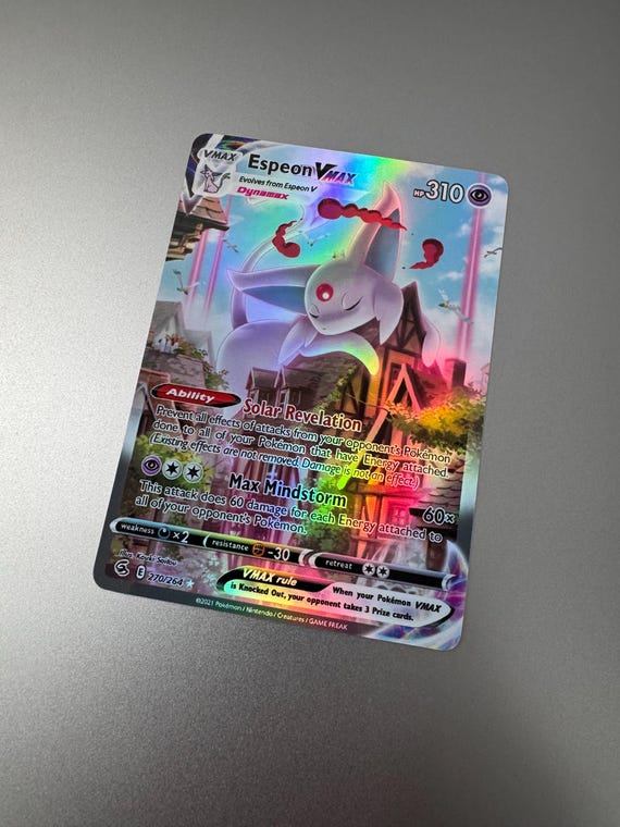 pokemon set with 264 cards Espeon VMAX Proxy Card Fusion Strike 270/264 Holo Not Real Novelty Card this card is the perfect way to showcase your collection. RELEASED ON NOV. 12, 2021