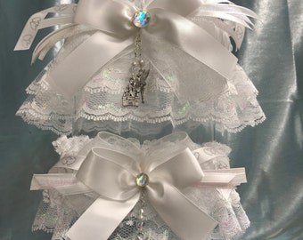 Tinkerbell and Cinderella’s Castle White Iridescent Wedding Garter Set