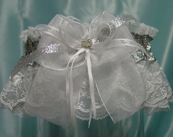 Sparkling Silver and White Embroidered Rhinestone Garter