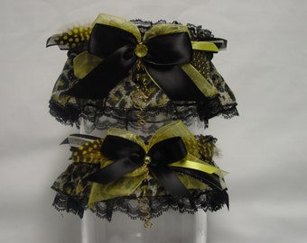 Black and Golden Yellow Leopard Print Wedding Garter Set/Love and Luck