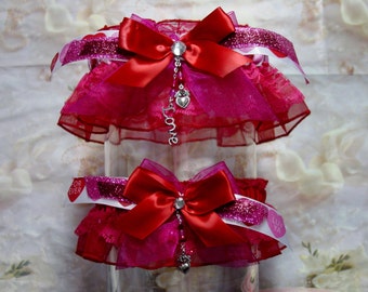 Red and Fushia Wedding Garter Set/Conversation Hearts for Valentines Day