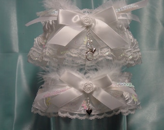 Iridescent White Rose Sequined Garter Set