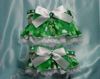 Celtic Irish White and Green Patchwork Shamrock Garter Set/St.Patricks Day