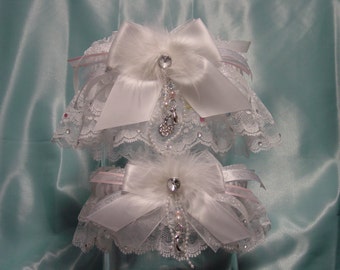 White Pink and Somethig Blue Rhinestone Garter Set OOAK