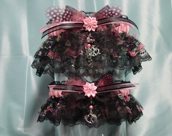 Black and Pink Floral Garter Set