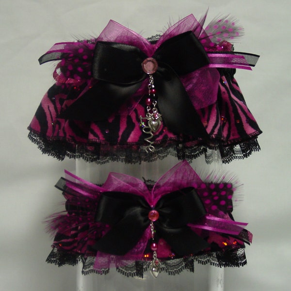 Black and Hot Pink Zebra Print Wedding Garter Set