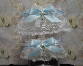 Blue and Off White/Ivory Traditional Wedding Garter Set