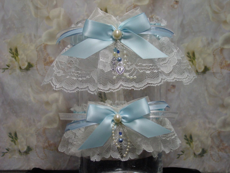 Blue and Off WhiteIvory Traditional Wedding Garter Set