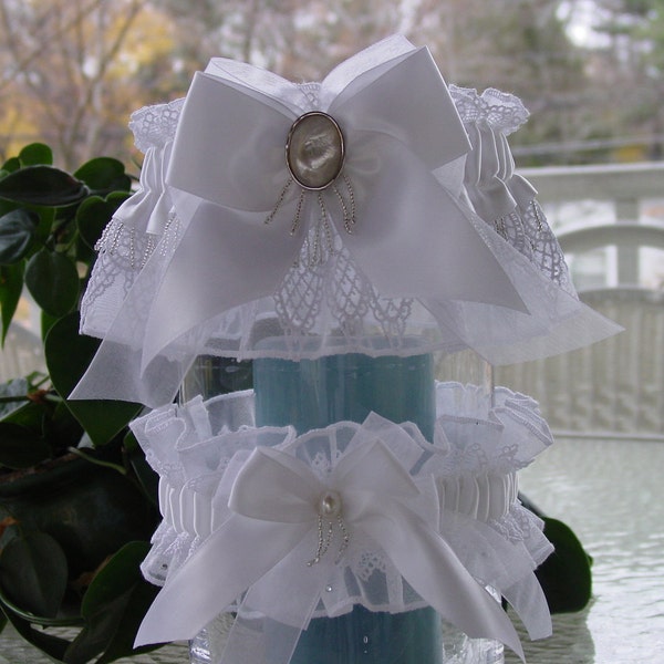 White Mother of Pearl Venise Lace and Glass Beaded Fringe Garter Set