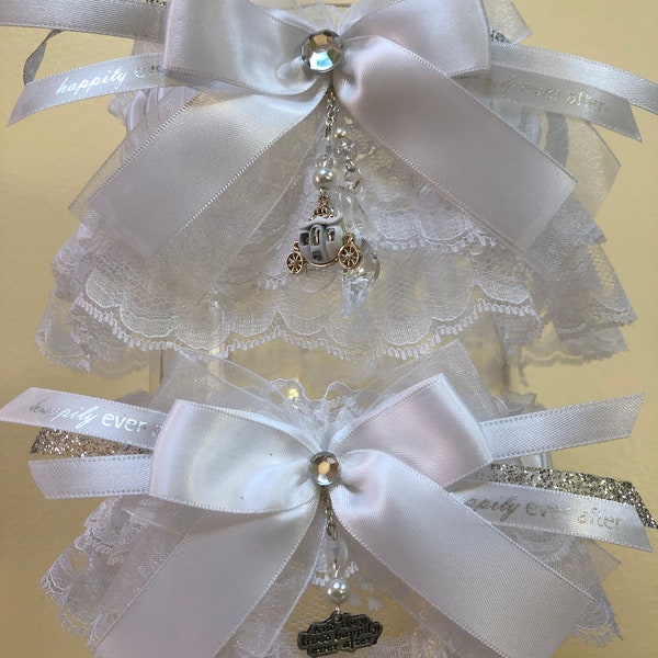 White Cinderella Rhinestone Pumpkin Carriage Wedding Garter Set