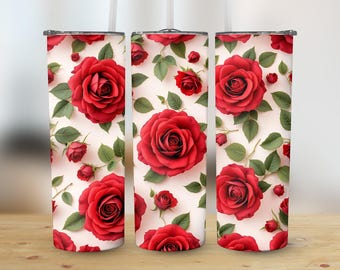 Floral Red Roses 20oz Tumbler Wrap PNG Digital Downloan Skinny Sublimation Flower Tumbler Wrap Red Rose Pattern Lover Valentine Gift Wrap