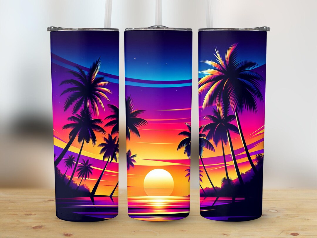 Tropical Beach Sunset Palm Trees 20oz Tumbler Wrap PNG Digital Download ...