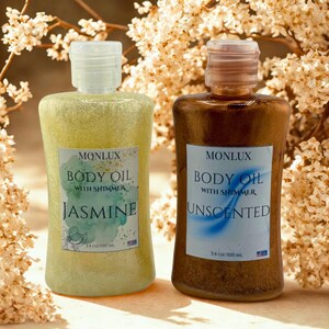 Shimmer Body Oil Set – Jasmine Glow & Unscented Shine | Radiant Skin Oils | Lightweight Moisturizer | Handmade Gift for Women | Glow Duo