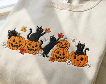 Sudadera bordada de calabaza y gato negro, cuello redondo acogedor para otoño, camiseta de otoño, linda temporada de Halloween otoñal, regalo para amantes de los gatos