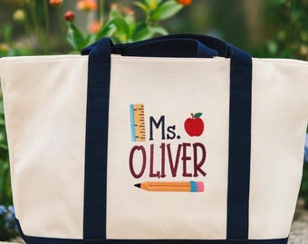 Embroidered Personalized Teacher Tote Bag, Embroidered Teacher Tote Bag, Back to School Totes, School Gift Totes, Teacher Appreciation Gift