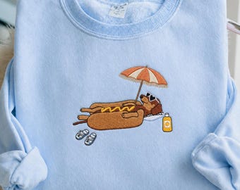Embroidered Funny Summer Hot Dog Sweatshirt, Wiener Dog Shirt, Funny Sausage Dog Shirt, Striped Dog Lover Gift, Dachshund Mom Shirt
