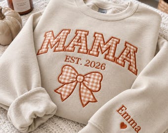 Gingham Mama Fall Applique Embroidered Sweatshirt, Personalized Fall Mom Shirt, Fall Mama Sweater, Gingham Mama Autumn Shirt, Name on Sleeve