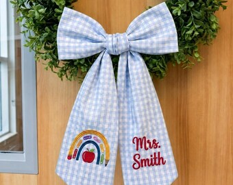 Personalized Teacher Wreath Sash, Embroidered Classroom Decor Ribbon, Apple Rainbow Class Gingham Bow