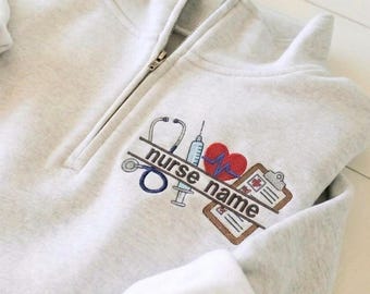 Embroidered Nurse Icons Quarter Zip Sweatshirt, Medical Professional Sweatshirt - Nurse, Assistant, Doctor, Hospital Crew Style Sweatshirt