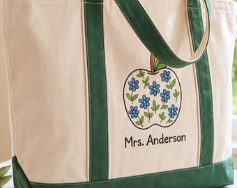 Personalized Floral Apple Teacher Tote Bag, Personalized Gift For Preschool Teacher, Back To School Bag, Gift From Student