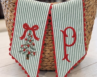 Personalized Christmas Tree Wreath Sash, Embroidered Holiday Decor, Christmas Front Door Decor, Stripe Front Door Ric Rac Bow, Xmas Gift