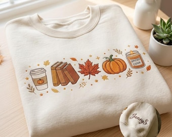 Embroidered Fall oversized Sweatshirt, Pumpkin Coffee Book Candle Autumn Sweater