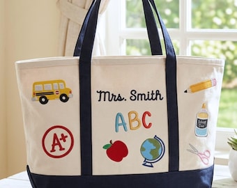 Embroidered Personalized Teacher Tote Bag, Personalized Name Teacher Icons Tote, School Supplies Classroom Bag, Teacher Gift, Back to School