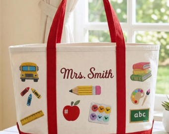 Embroidered Custom Name Teacher Icons Tote Bag, Personalized Teacher Gift For New Teacher, Back To School Teacher Appreciation Gift