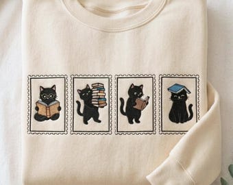 Embroidered Black Cats and Books Shirt, Book Lover Sweatshirt, Bookish Gifts for Cat Moms, Reading Gift, Women Reading Crewneck