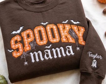 Embroidered Custom Halloween Mama Sweatshirt, Gingham Applique Halloween Mama Sweatshirt, Halloween Mom Gift, Pregnancy Reveal Shirt