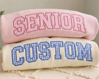 Custom Gingham Applique Embroidery Sweatshirt, Personalized Team Name Crewneck, Cozy College Sweatshirt