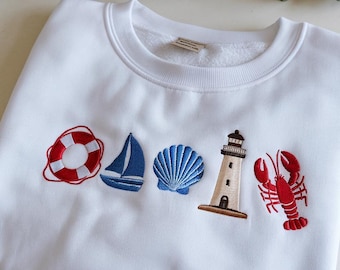 Summer Beach Embroidered Sweatshirt, Seashell Embroidered Hoodie, Beach Lover Shirt, Ocean Theme Shirt, Coastal Style Clothing, Summer Gift