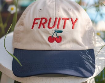 Embroidered Cherry Fruity 2-Toned Baseball Cap, Unhinged Summer Cap, 90s Shirt, LGBTQ Queer Pride Parade, Lesbian Queer Rainbow Cap