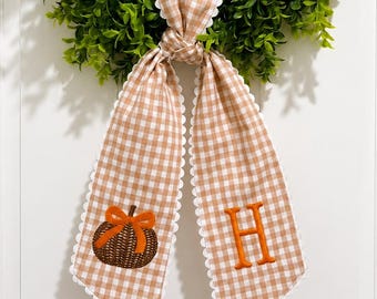 Personalized Fall Pumpkin Wreath Sash, Green Stripe Monogram Door Bow, Autumn Wreath Decor, Custom Initial Thanksgiving Sash