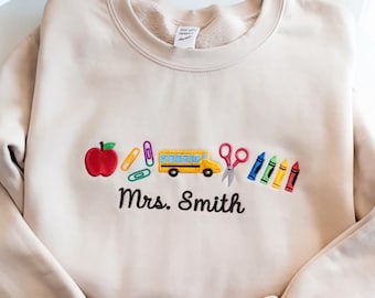 Embroidered Teacher Icons With Custom Name Sweatshirt, Teacher Appreciation gift, Crayon Teacher, Back to School Gift, Personalized Teacher