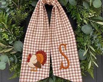Personalized Turkey Monogram Wreath Sash, Thanksgiving Door Bow, Personalized Fall Wreath Bow, Stripe Gingham Porch Decor, Custom Initial