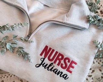 Embroidered Custom Nurse Quarter Zip Pullover, Personalized RN Zip-Up, RN LPN Pullover, Personalized Nurse Name Gift, Medical Uniform