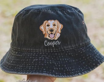 Embroidered Custom Pet Hat Using Pet Photo Personalized Dog Bucket Hat, Custom Cat Hat, Custom Pet Cap, Dog Mom Vintage Washed Bucket Hat
