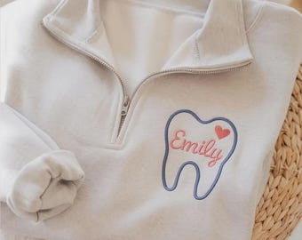 Embroidered Dental Hygienist Quarter zip Sweatshirt, Personalized Dental Assistant Gift, Customized Dental Shirt Pediatric, Dentist Shirt