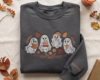 Embroidered Lace Reading Ghost oversized Sweatshirt, Book Lover Autumn Crewneck, Spooky Season Sweater