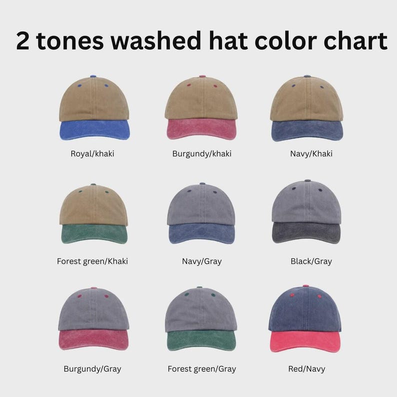 Peut inclure: Un nuancier intitul&eacute; 2 tones washed hat color chart pr&eacute;sentant neuf casquettes de baseball avec diverses combinaisons bicolores, notamment royal/kaki, bordeaux/kaki, marine/kaki, vert for&ecirc;t/kaki, marine/gris, noir/gris, bordeaux/gris, vert for&ecirc;t/gris et rouge/marine.
