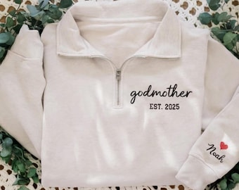 Embroidered Custom Godmother Est Sweatshirt, Kid Name On Sleeve, Godmother Proposal Gift, Baptism Day Gift for Godmother, Godmother to Be