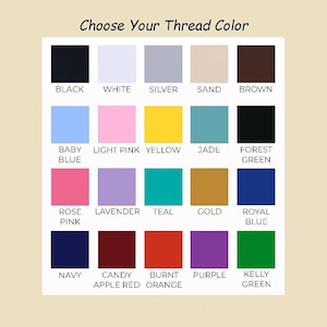 Op de afbeelding: Een kleurenkaart met de tekst "Kies je draadkleur" bovenaan. De kaart toont een verscheidenheid aan draadkleuren, waaronder zwart, wit, zilver, zand, bruin, babyblauw, lichtroze, geel, jade, bosgroen, rozenroze, lavendel, teal, goud, koningsblauw, marine, candy apple red, burnt orange, paars en kelly green.