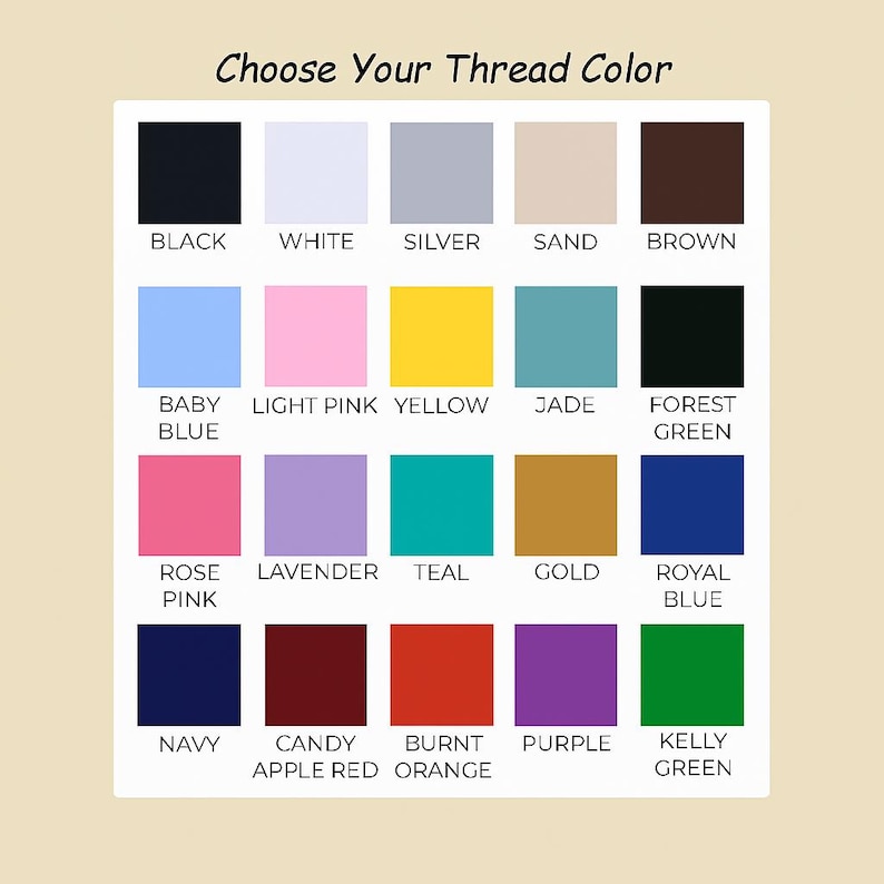 Op de afbeelding: Een kleurenkaart met de tekst "Kies je draadkleur" bovenaan. De kaart toont een verscheidenheid aan draadkleuren, waaronder zwart, wit, zilver, zand, bruin, babyblauw, lichtroze, geel, jade, bosgroen, rozenroze, lavendel, teal, goud, koningsblauw, marine, candy apple red, burnt orange, paars en kelly green.