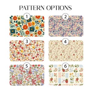 May include: An image displaying six fabric pattern choices. The patterns feature floral designs, geometric shapes, and a strawberry design. The text "PATTERN OPTIONS" is at the top. Each pattern is numbered for easy identification.