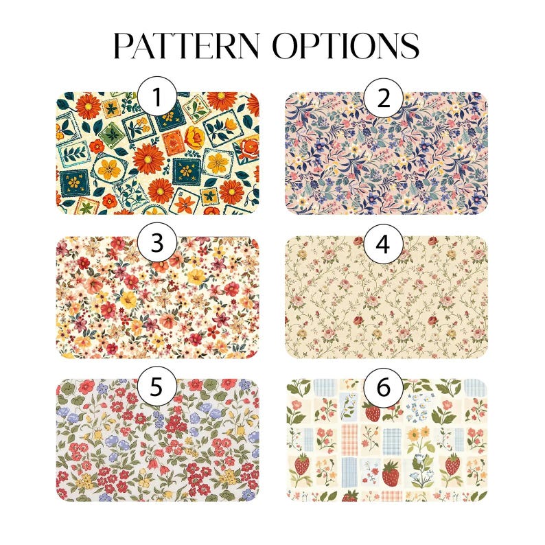 May include: An image displaying six fabric pattern choices. The patterns feature floral designs, geometric shapes, and a strawberry design. The text "PATTERN OPTIONS" is at the top. Each pattern is numbered for easy identification.