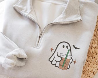 Sudadera con cremallera de un cuarto de Ghost Coffee, camiseta de café helado con fantasma, camiseta de Boo Ghost Coffee, Halloween para amantes del café
