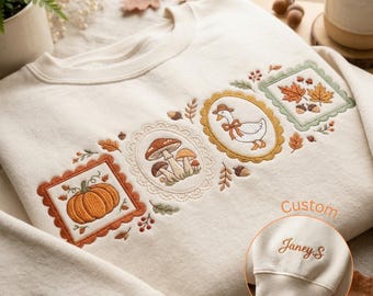 Embroidered Cottagecore Sweatshirt, Autumn Floral Goose Pumpkin Mushrooms, Cozy Fall Crewneck