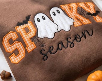 Embroidered Spooky Season Halloween Sweatshirt, Orange Gingham Appliqué Spooky Embroidered Crewneck