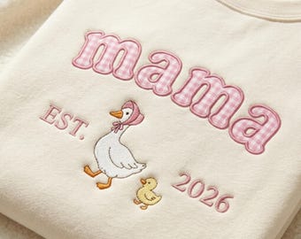 Gingham Applique Customizable Mama Goose Embroidered Sweatshirt, Custom New Mom Sweatshirt, Baby Pregnancy Reveal Shirt, Duck Mama Crewneck